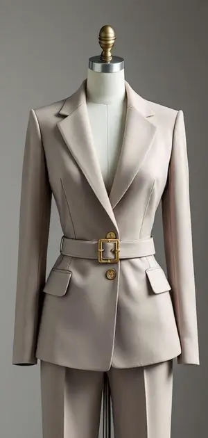 Beige blazer with a gold-buckle belt for women