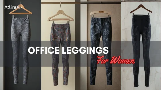 Four pairs of printed office leggings for women hanging on wooden hangers.