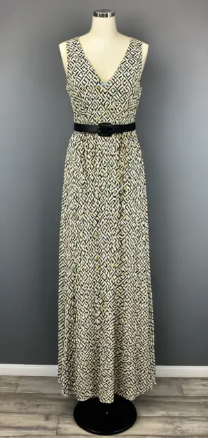 Black and white patterned V-neck maxi dress