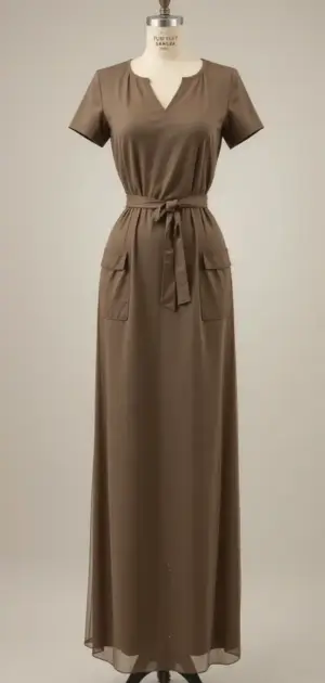 taupe V-neck maxi dress with short sleeves and a tie waist