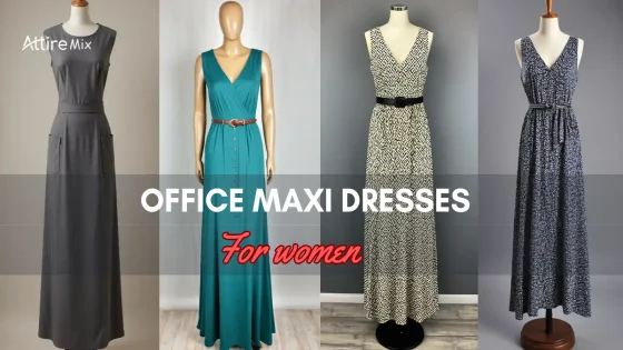 Variety of office maxi dresses for women displayed on mannequins