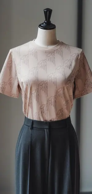 Mannequin sporting a soft pink printed T-shirt and grey trousers