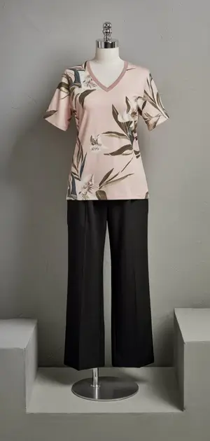 Mannequin in a floral T-shirt and black flared trousers