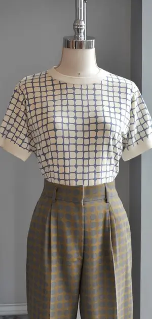 Mannequin dressed in a patterned top and plaid trousers