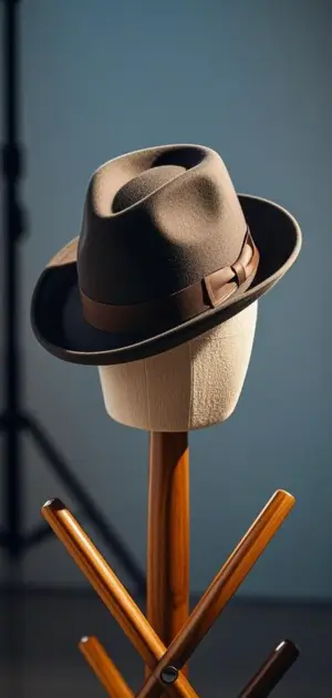 Wool hats displayed on a stand with winter coats