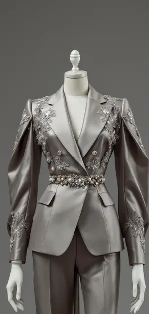 Grey party blazer with intricate floral embellishments and puffed sleeves for women.