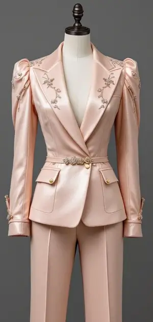 A soft pink blazer with floral embellishments and puffed shoulders for women