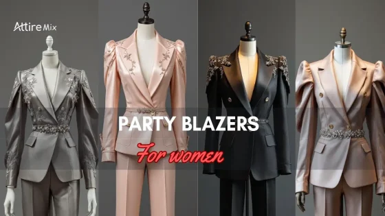 Four party blazers for women in black, pink, and grey shades with embellishments