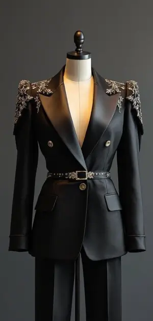 Black blazer with silver embellishments and a belt for women