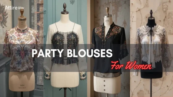 A collection of party blouses featuring lace, embroidery, and bold floral designs.