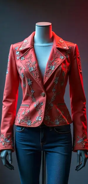 Red jacket with vibrant floral embroidery on display