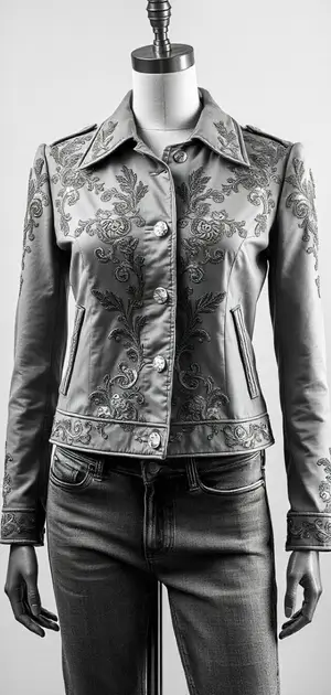 Silver jacket with detailed floral embroidery on mannequin
