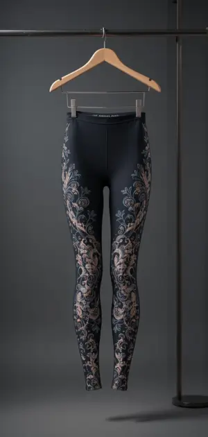 Black and gold floral party leggings with a sleek, stylish, and modern design. 