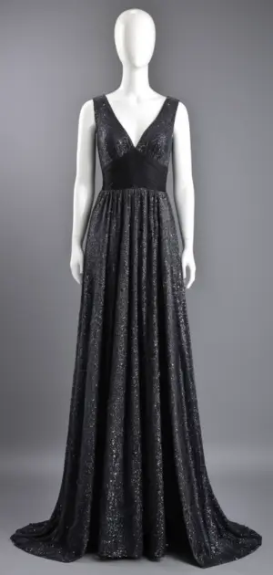 Black maxi dress with silver sequins on a mannequin.