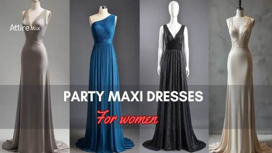 Variety of elegant Party Maxi Dresses For women displayed on mannequins.