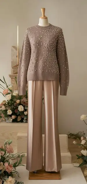 Party-ready grey sweater and trousers ensemble