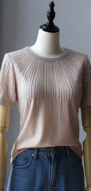 Mannequin in a beige party T-shirt with sparkling details