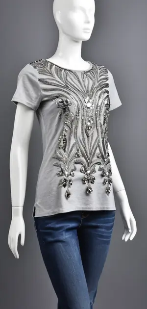 Mannequin wearing a grey T-shirt with silver bead detailing