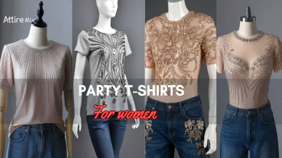 Mannequins wearing four different Party T-Shirts For women with intricate designs