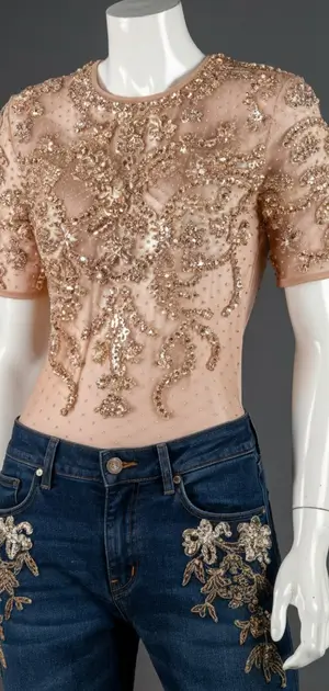 Mannequin in a sequined beige T-shirt and blue jeans