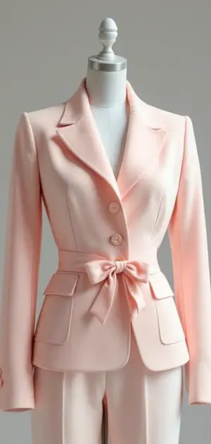 Soft peach blazer with button accents and bow belt