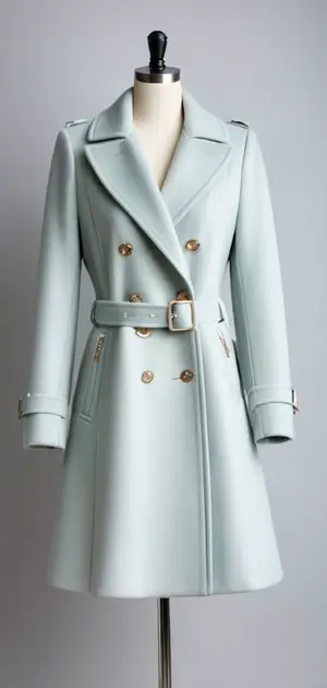 Pastel blue belted coat with gold accents