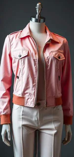 Pale pink jacket with silver buttons on mannequin
