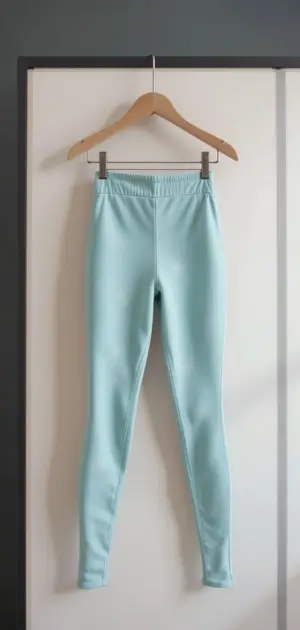 A pair of minimalist pastel blue leggings hanging on a wooden hanger against a white backdrop.