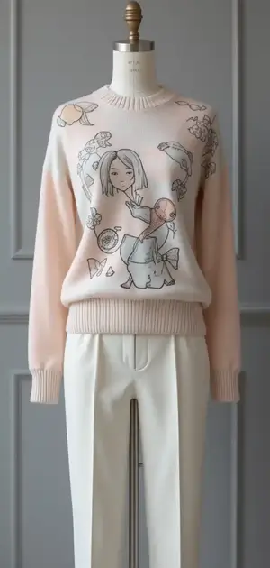 Mannequin sporting a pastel pink sweater with unique embroidery