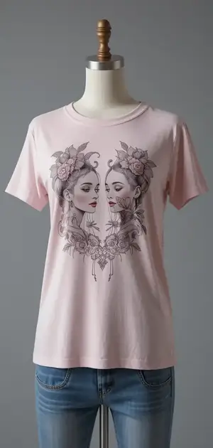 Pink t-shirt with intricate botanical print in gray