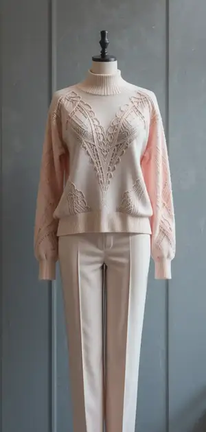 Mannequin dressed in beige embroidered sweater and matching trousers