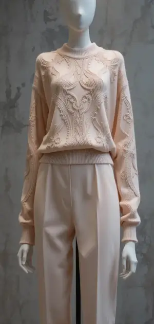 Mannequin in a pastel pink sweater with playful cartoon designs