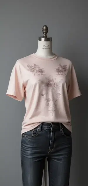 Pink t-shirt with floral appliqué on the neckline