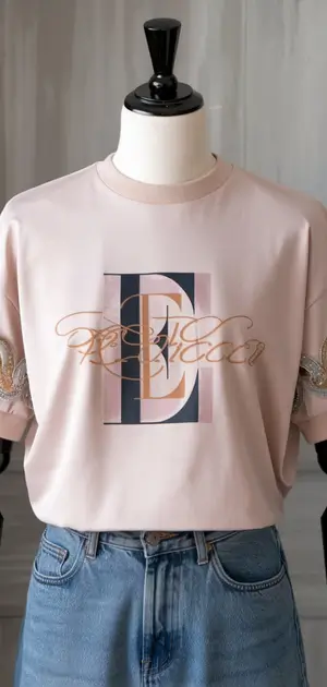 Light pink t-shirt with an elegant letter "E" and scroll design