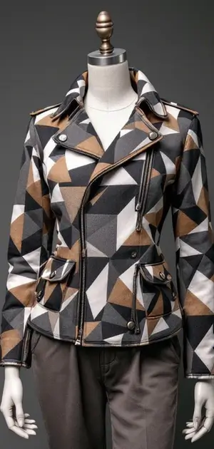 Multicolored geometric moto jacket on mannequin