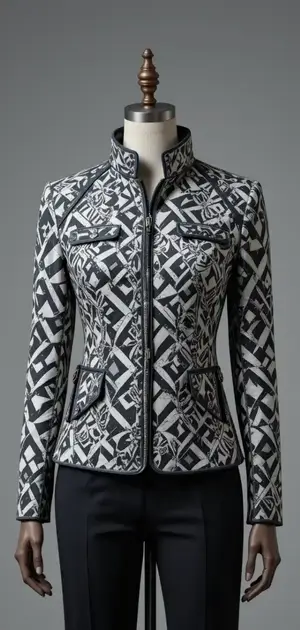 Black and white geometric pattern jacket on mannequin