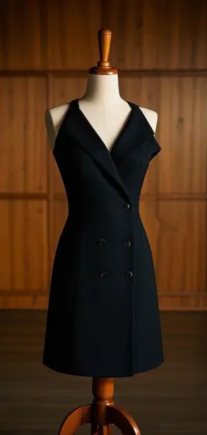 Woman in a black a-line dress on a city street.