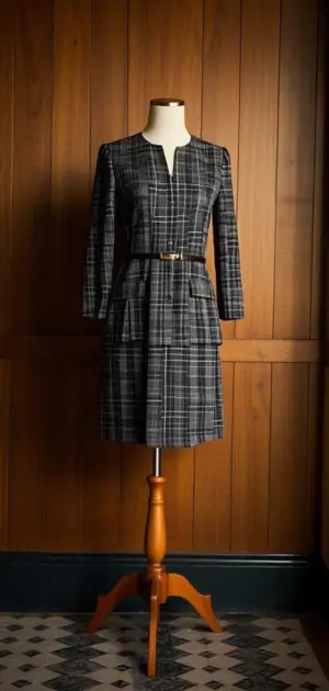 Gray plaid dress with long sleeves.