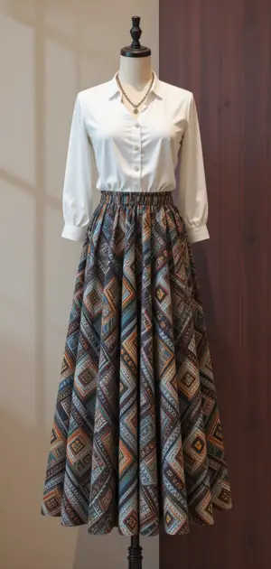 The mannequin is wearing a white blouse and a geometric print maxi skirt.