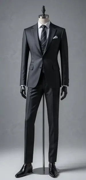 Dark gray performance stretch suit on display