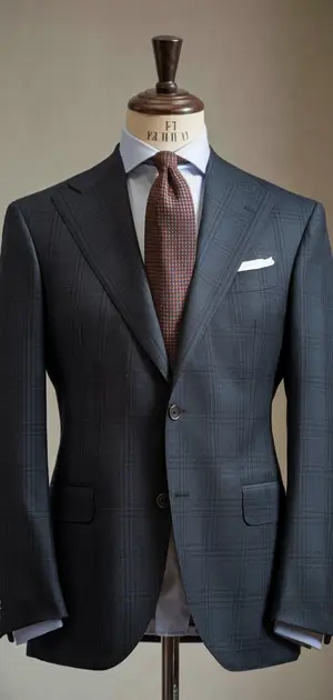Navy blue checked modern fit suit on mannequin