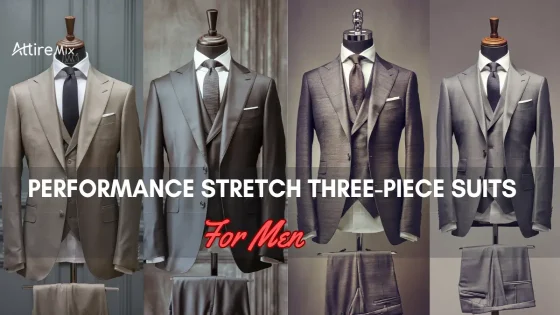 Array of performance stretch three-piece suits for men