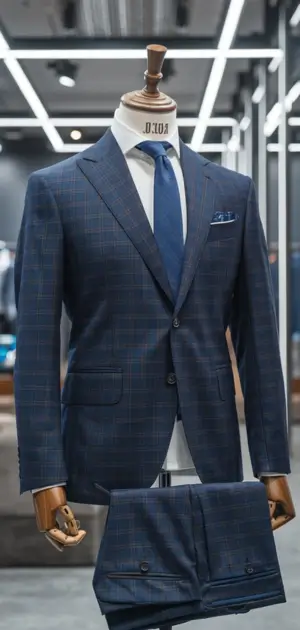 Checked blue performance stretch suit on a mannequin