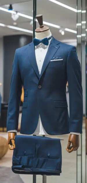 Solid blue performance stretch suit with a bow tie