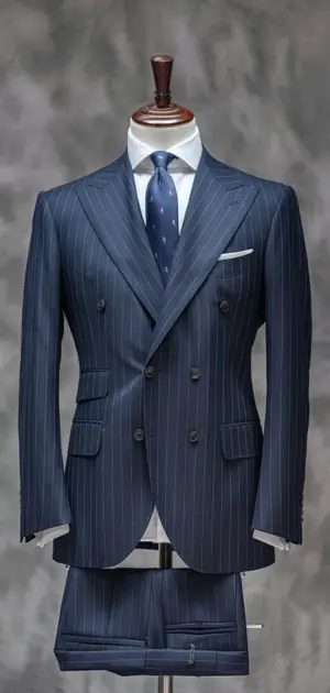 Navy blue double-breasted pinstripe suit with white shirt