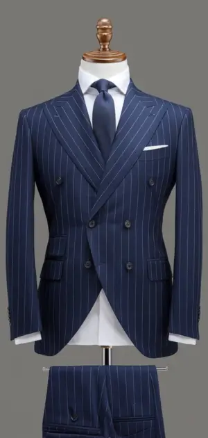 Dark blue pinstripe suit with peak lapels on mannequin