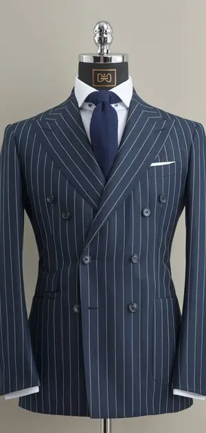 Blue pinstripe double-breasted suit on display