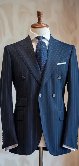 Navy blue pinstripe suit with double-breasted jacket
