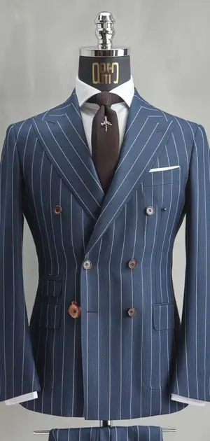 classic navy pinstripe suit tailored for a modern fit.