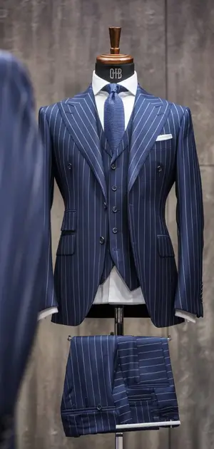 Navy blue pinstripe three-piece suit set